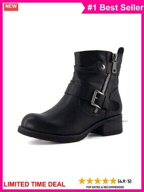 Max Motorcycle Ankle Boots Faux Leather Memory Foam Block Heel Combat Booties